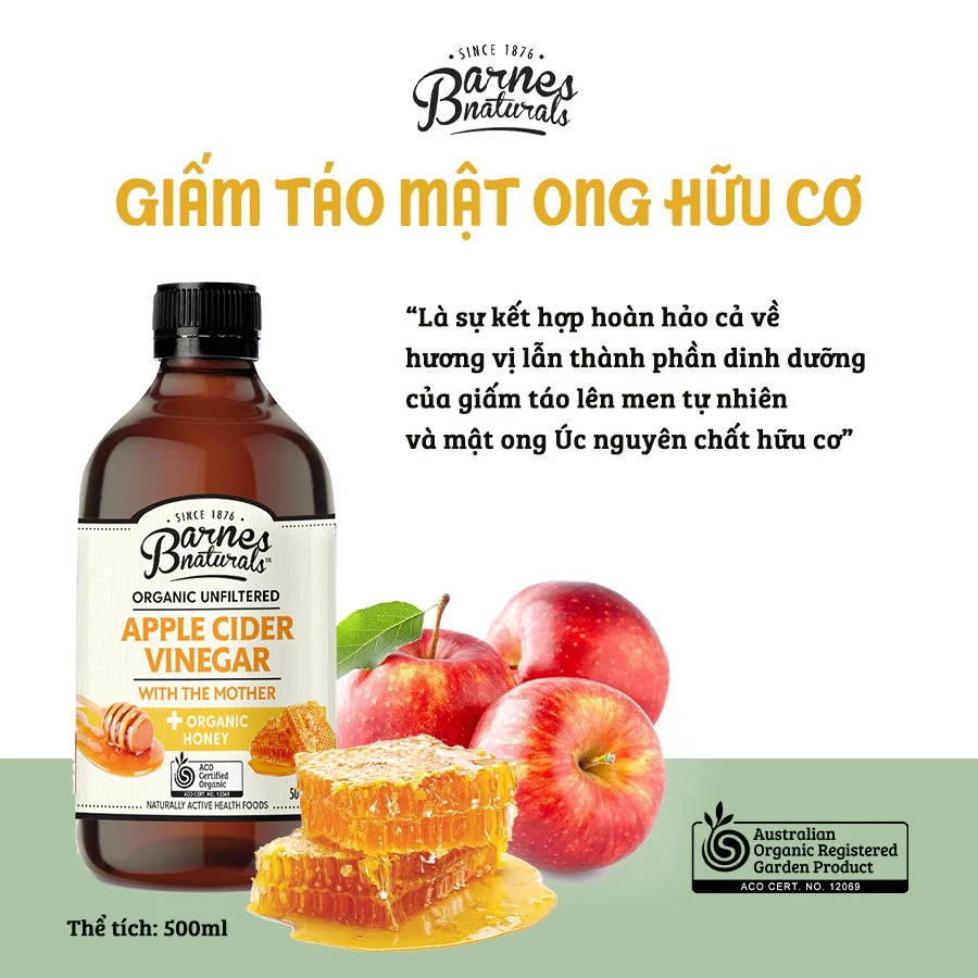 Giấm táo mật ong hữu cơ Barnes Naturals (có giấm cái) Organic Cider Vinegar (with mother) &amp; Honey