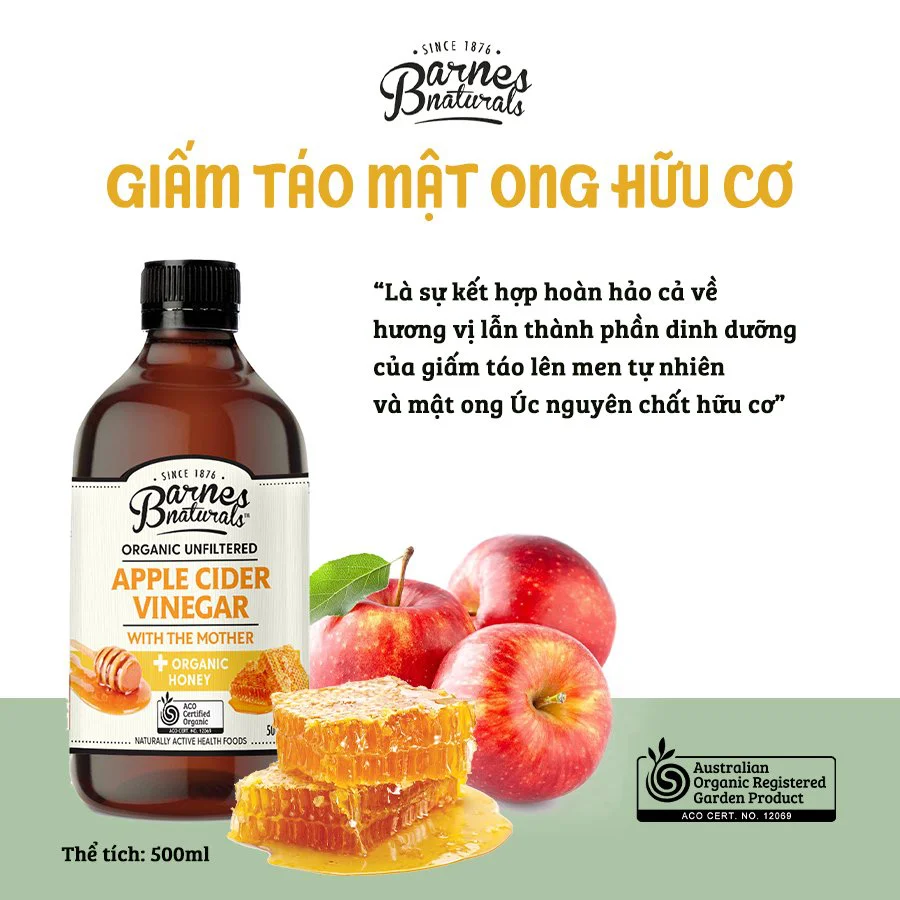 Giấm táo mật ong hữu cơ Barnes Naturals (có giấm cái) Organic Cider Vinegar (with mother) & Honey