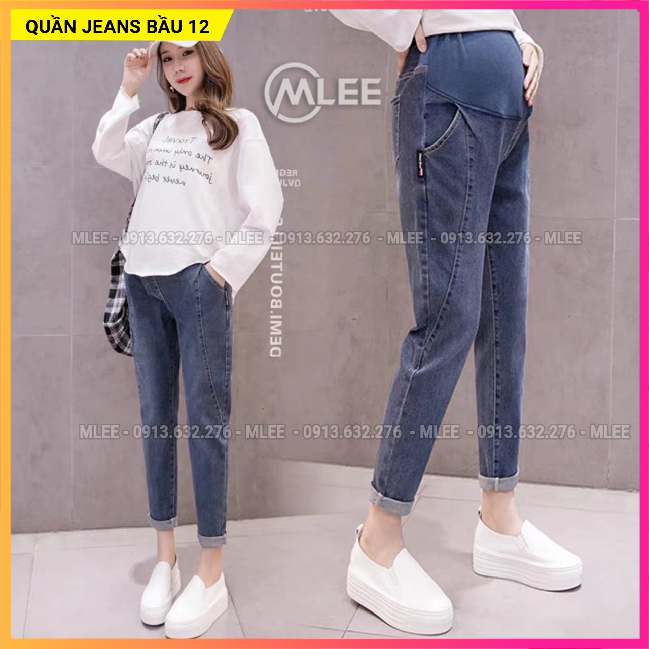 Quần jean bầu đẹp hàn quốc, quần bò bầu baggy, MLEE SHOP