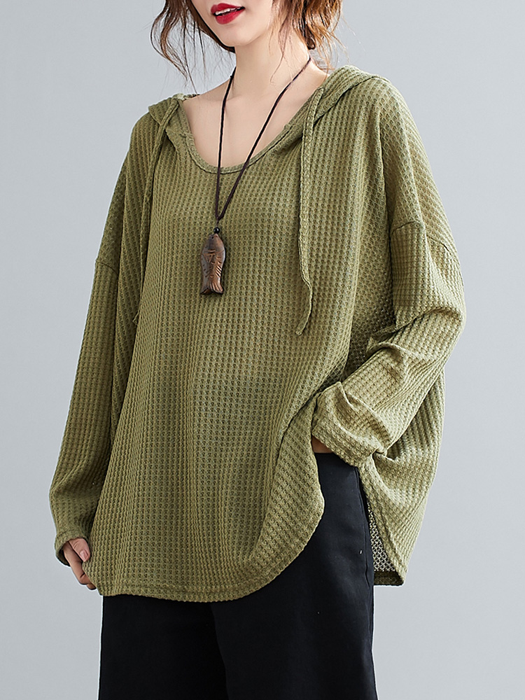 Women Hoodie Drawstring Long Sleeve Solid Color Loose Hooded Sweater Knit Pullover Casual Spring Autumn Plus Size