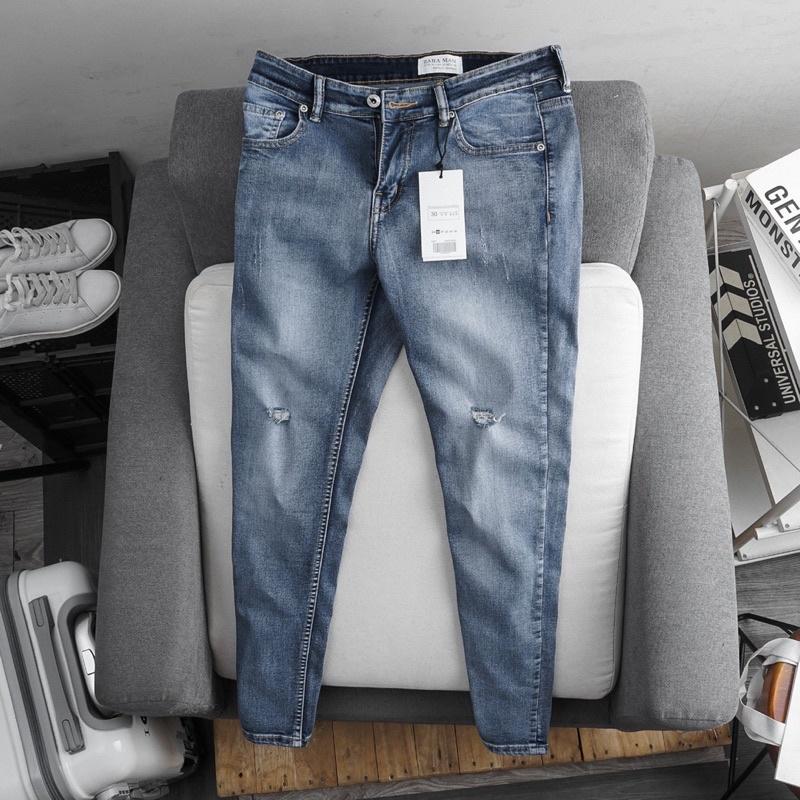 Quần jean nam ôm nhẹ co giãn màu xanh trơn - VNXK xịn