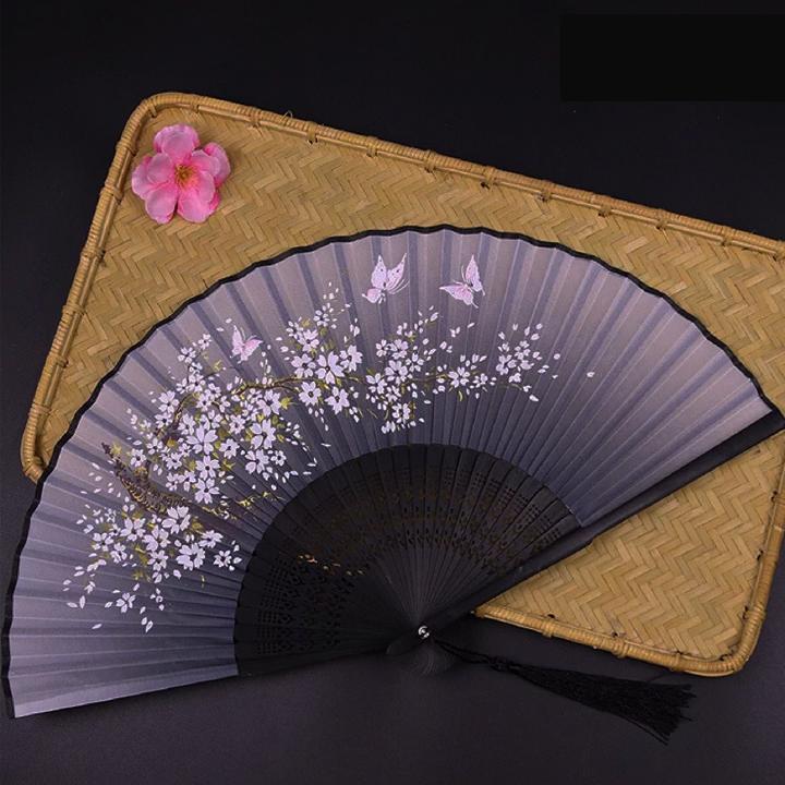 Quạt xếp quạt trúc cầm tay quạt phong cách cổ trang Trung Quốc in hoa trang trí mẫu xám hoa nhí trắng tặng ảnh thiết kế Vcone