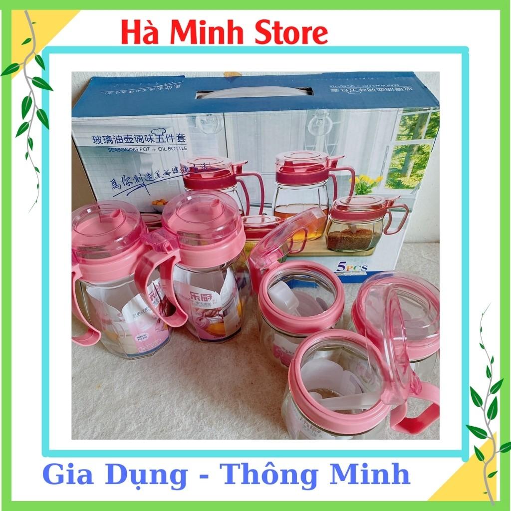 COMBO SET 5 Hũ Gia Vị Thuỷ Tinh Màu Hồng