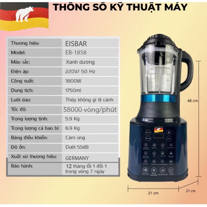 Máy làm sữa hạt đa năng 9 in1 HÀNG CHÍNH HÃNG EISBAR EB-1858 Công suất 1800W, 1,75L