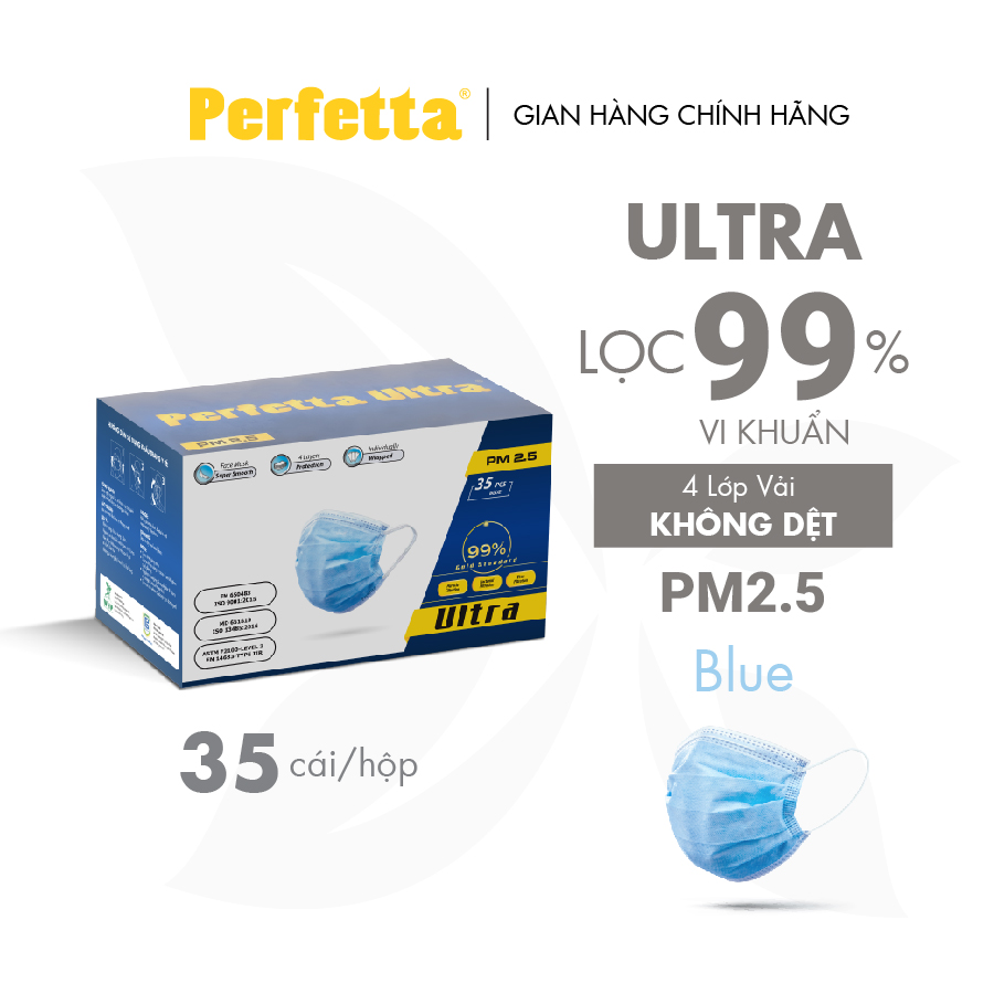 [1 HỘP - PERFETTA ULTRA] - Khẩu Trang Y Tế Chất Lượng Cao, Kháng Khuẩn, Chống Bụi Mịn PM 2.5, Màu Xanh, 4 Lớp, Bảo Vệ Tối Ưu, Đóng Gói Từng Cái - (35 cái/hộp)