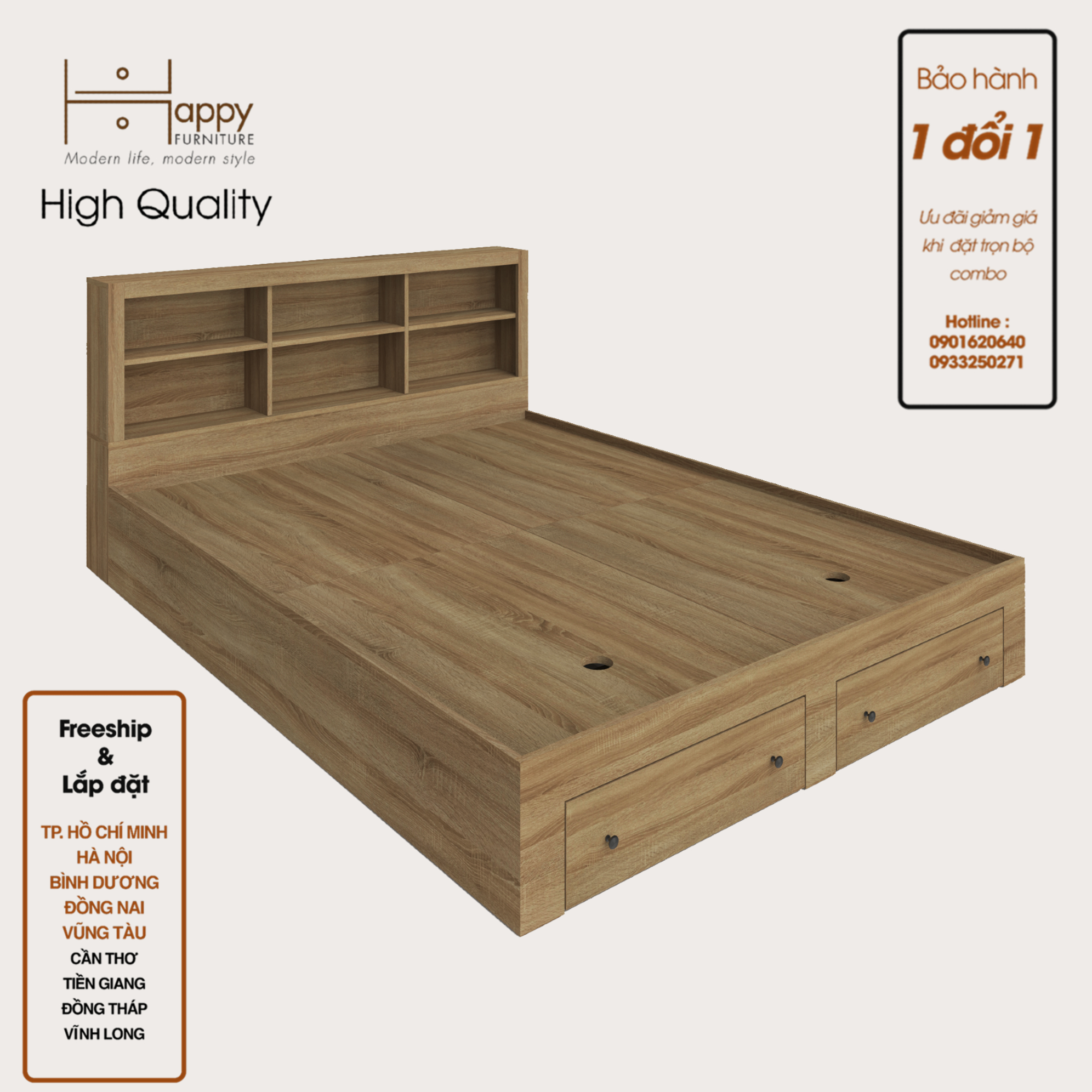 [Happy Home Furniture] FENNY, Giường ngủ -  kết hợp kệ đựng đồ, GNG_013, GNG_014, GNG_015, GNG_016