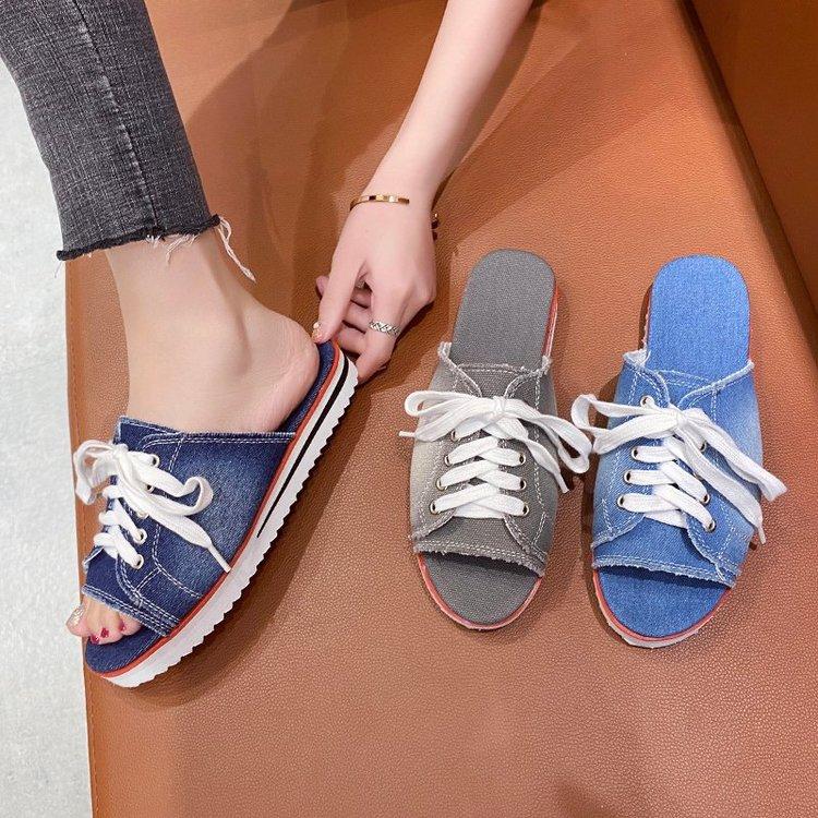 Dép Vải Canvas Đế Bằng Mũi Tròn Phối Dây Thắt Sành Điệu Cho Nữ