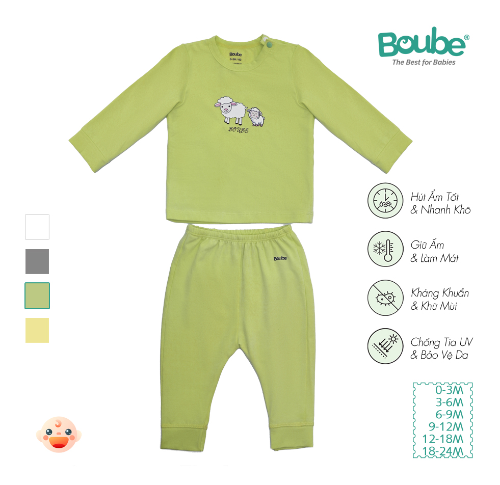 Bộ quần áo dài tay cúc bấm vai cho bé sơ sinh và trẻ nhỏ nhiều màu sắc Boube, Vải Cotton organic thoáng mát - Size 0-24M