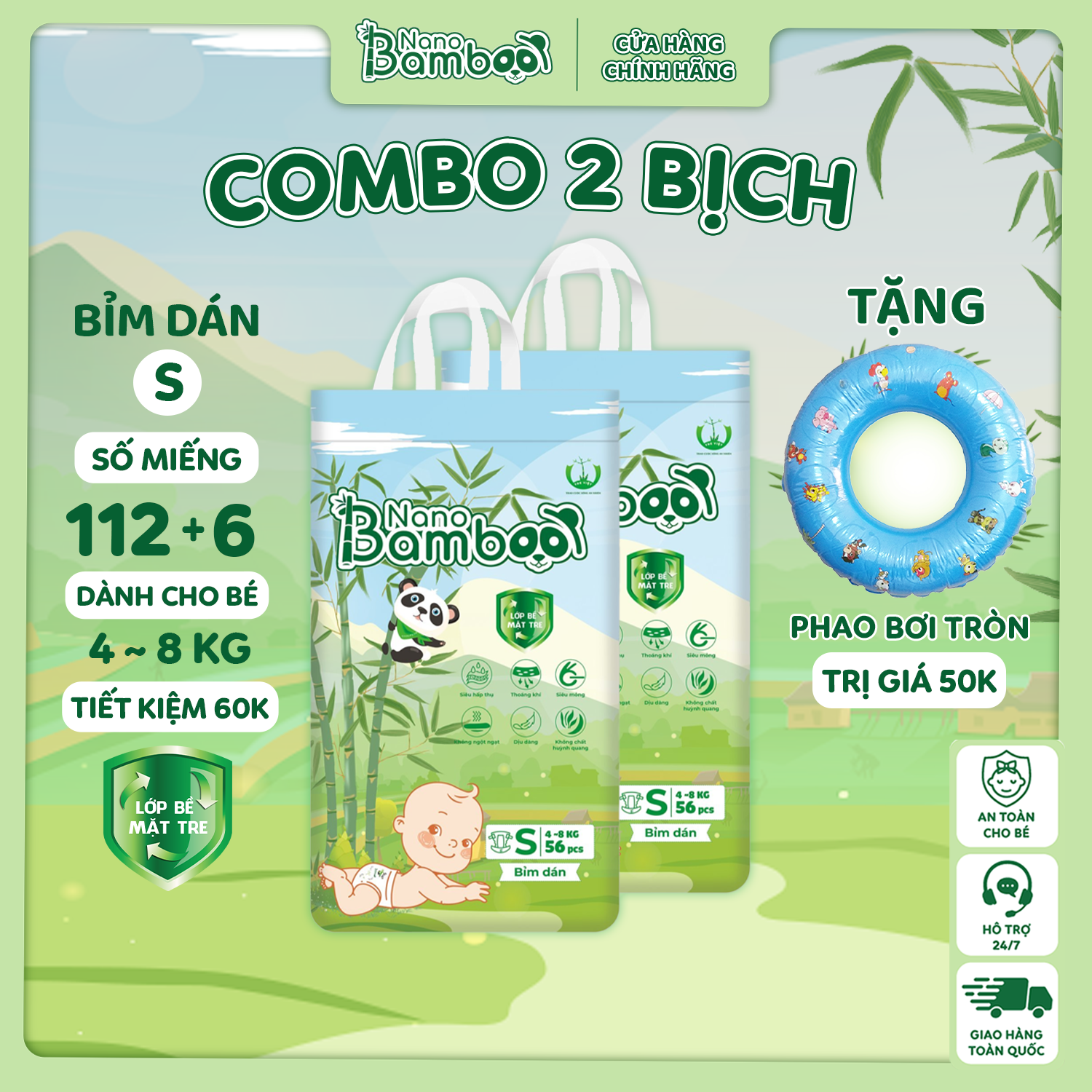 COMBO 2 Bịch tã/bỉm DÁN Nano Bamboo sợi tre M/L/XL/XXL/XXXL tiết kiệm 60k kèm quà tặng