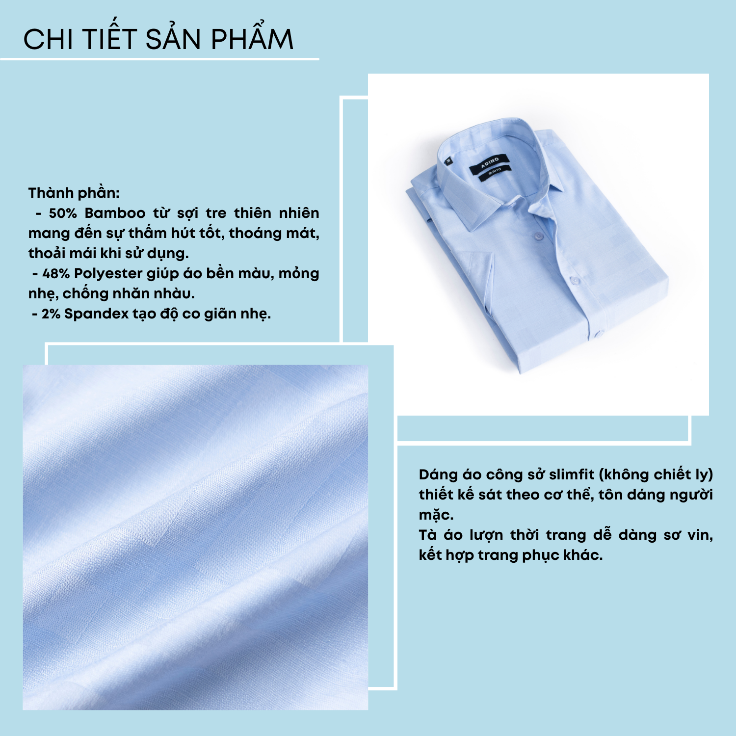 Áo sơ mi ngắn tay nam màu xanh biển kẻ ADINO vải sợi tre bamboo mềm mịn mát dáng slimfit công sở trẻ trung CT93