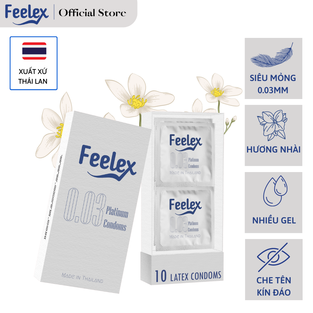 Bao cao su Feelex 0.03 Platinum, siêu mỏng, nhiều gel bôi trơn, xuất xứ Thái Lan