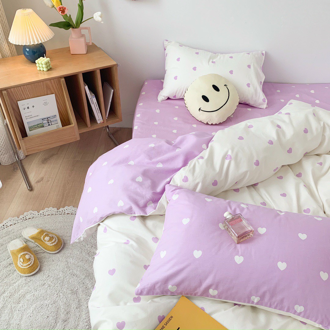 Bộ chăn ga gối 2 mặt cotton LIDACO PL1 - Tim tím trắng SP001451
