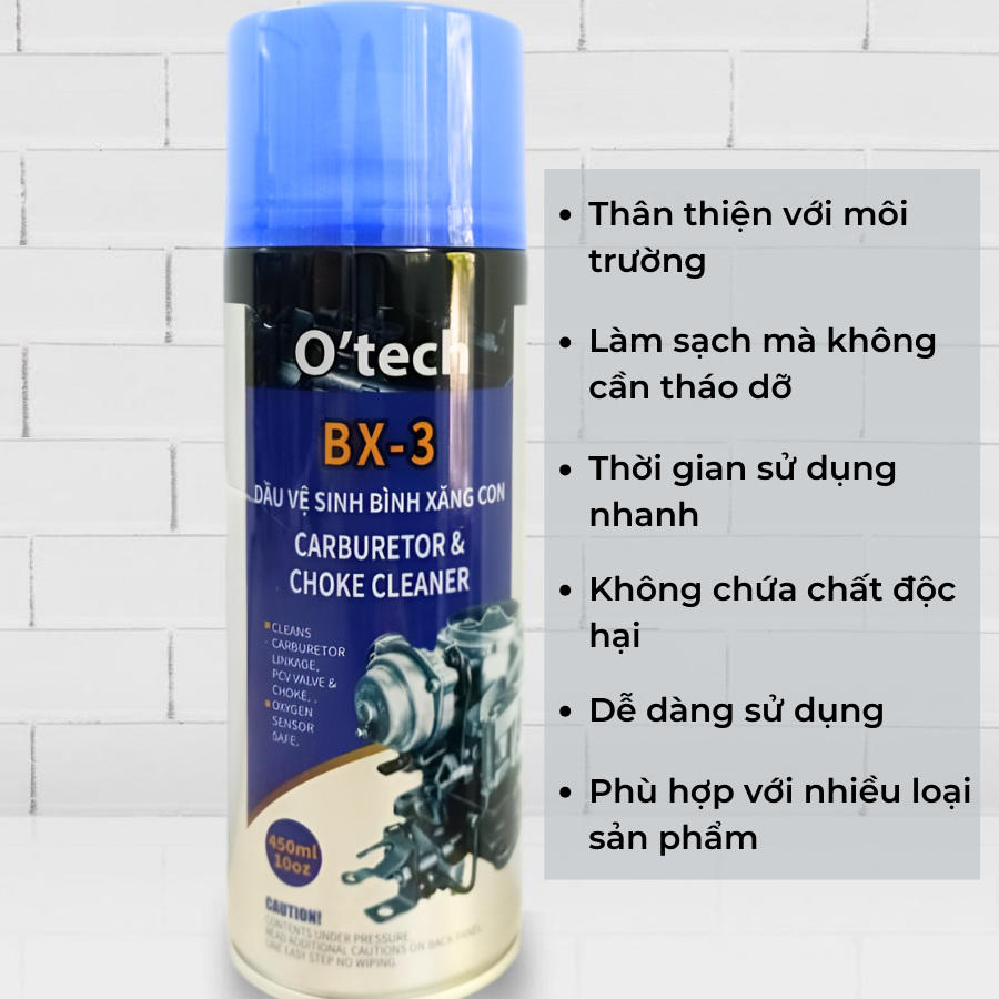Bình xịt tẩy rửa dầu nhớt, vệ sinh bình xăng con O'TECH BX-3 (450ml)  carburetor &amp; choke cleaner, carbon cleaner - Hàng Chính Hãng