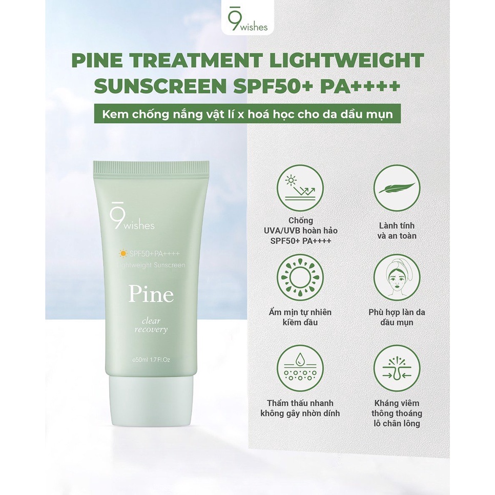 Kem Chống Nắng Mỏng Nhẹ, Kiềm Dầu 9 Wishes Pine Lightweight Suncreen SPF50+ PA++++ 50ml