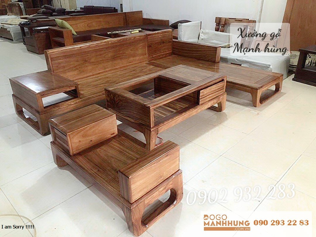Bộ bàn ghế phòng khách, salon, sofa góc gỗ hương xám 2m80 x 1m90 - Đồ Gỗ Mạnh Hùng