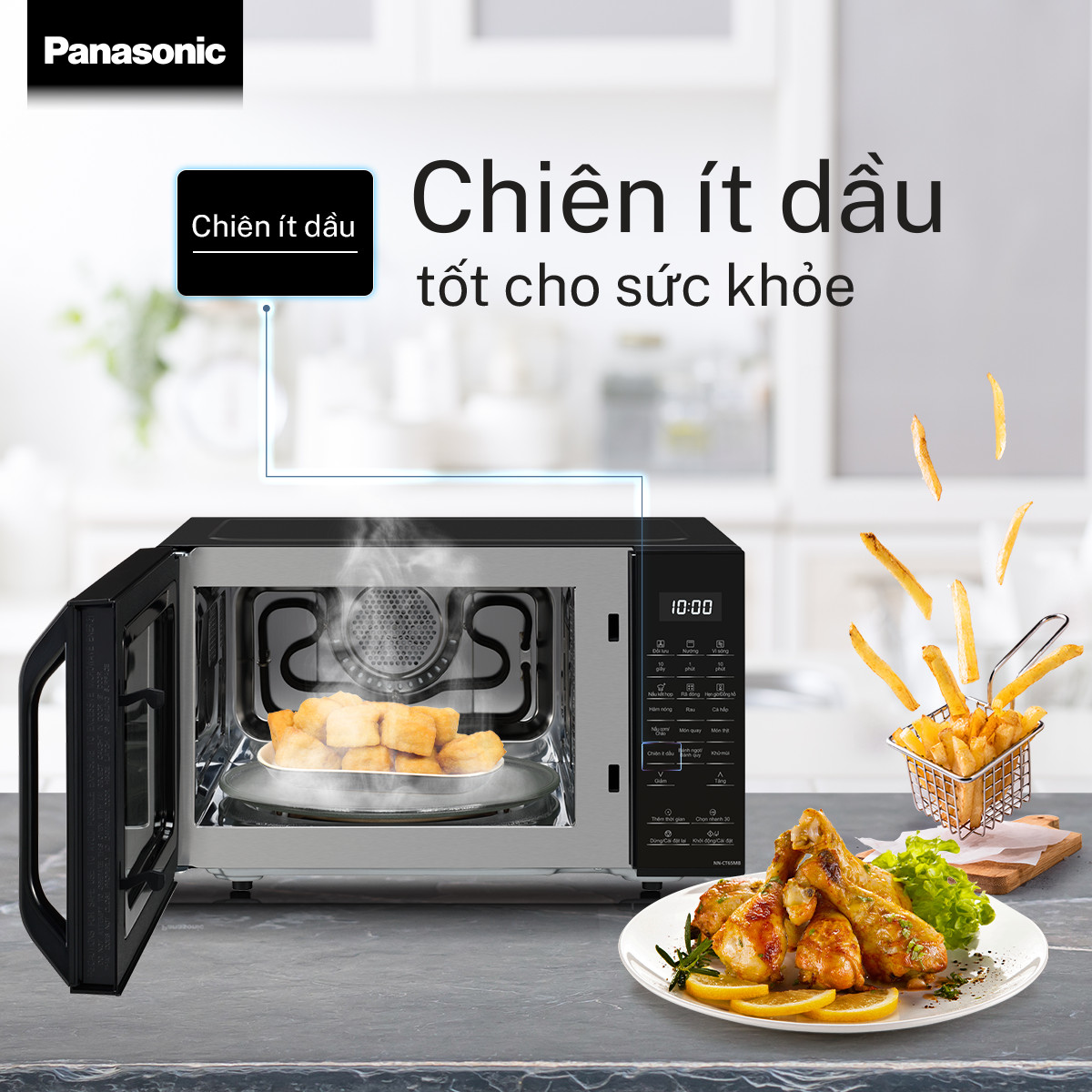 Lò vi sóng nướng đối lưu chiên không dầu Panasonic NN-CT65MBYUE – 20 thực đơn tự động – Dung tích 27L – Hàng chính hãng