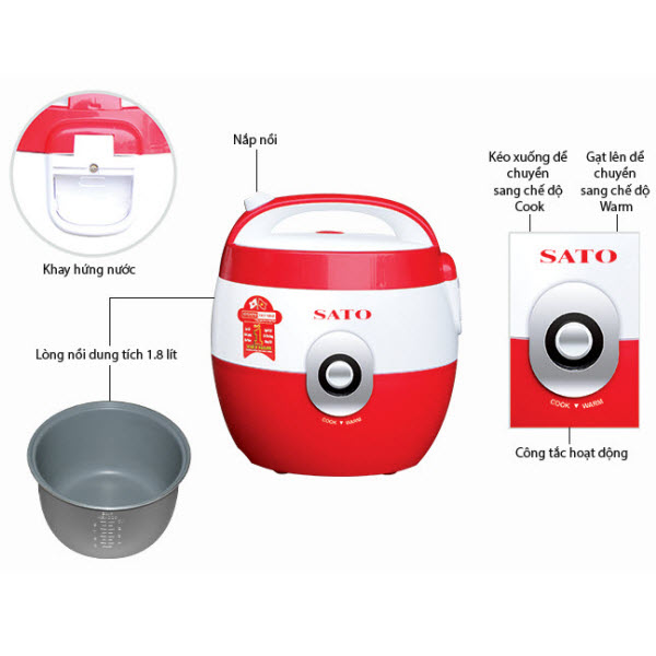 Nồi cơm điện SATO S18-88C(Đ) 1.8 lít (Màu đỏ) - Hàng chính hãng