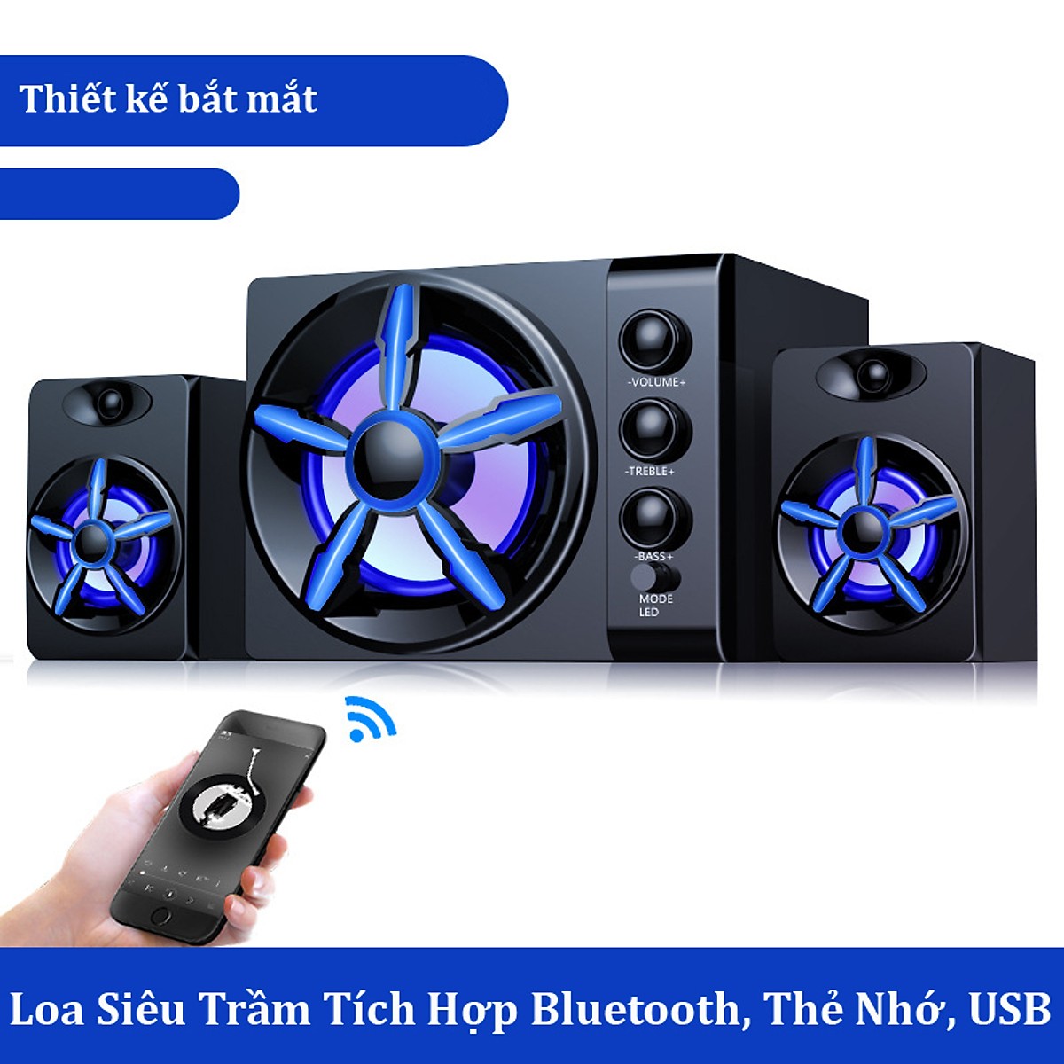 Combo Bộ 3 Loa Máy Vi Tính Để Bàn D-215 Hộp Gỗ, Âm Thanh Siêu Trầm, Hỗ Trợ Bluetooth, USB, Thẻ nhớ, Jack 3.5 + Tặng Tai Nghe Chụp Tai Chuyên Game CT-770 Cao Cấp