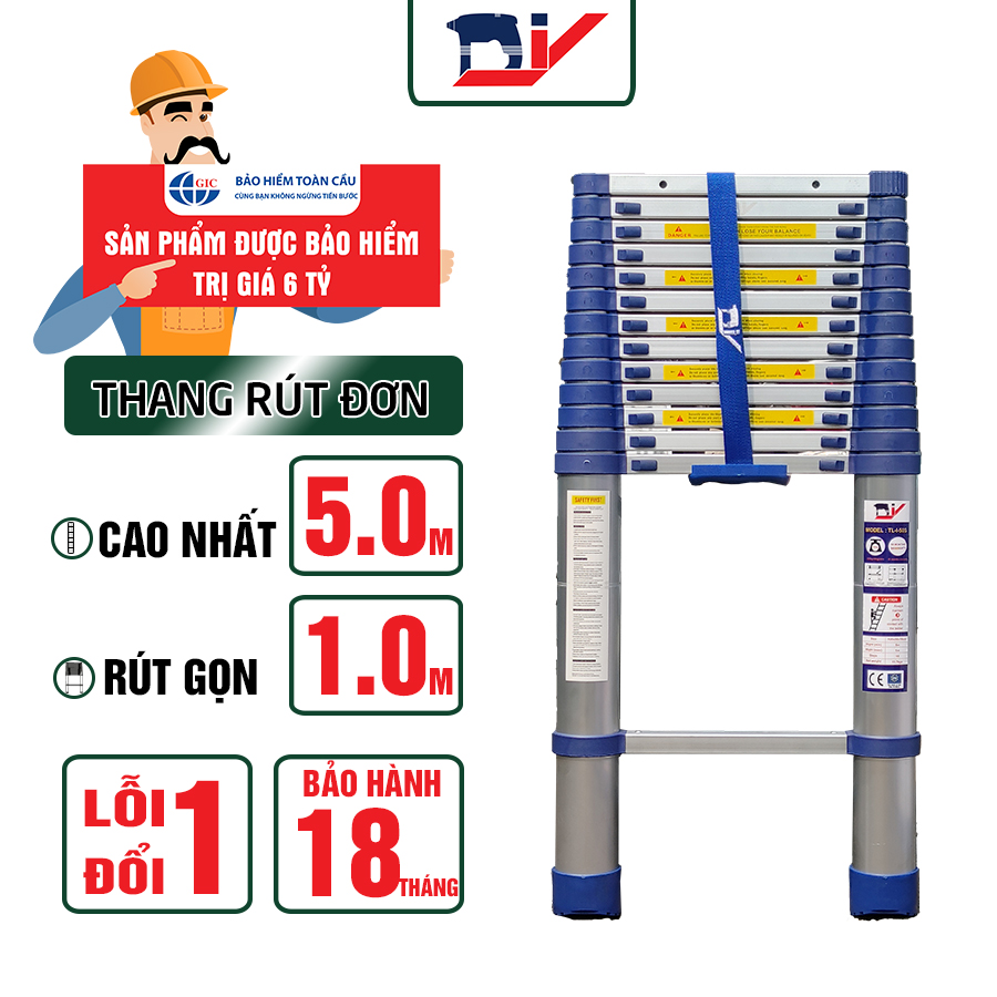 Thang nhôm rút đơn DIY TL-I-50S chiều cao sử dụng tối đa 5.0m - Tiêu chuẩn an toàn chất lượng Châu Âu