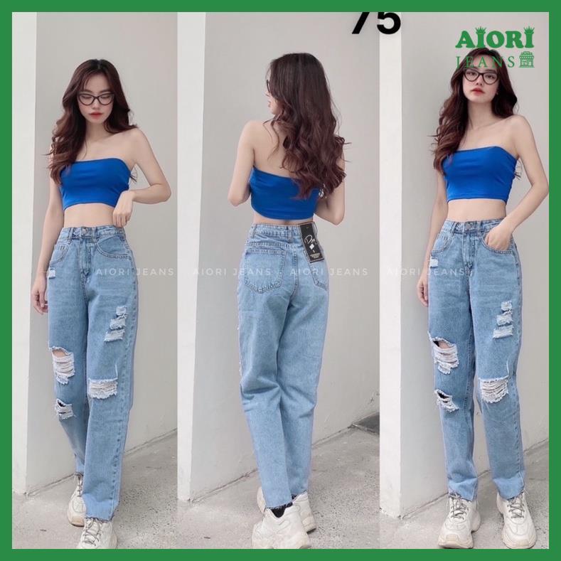 Quần Baggy Jean Nữ Lưng Cao Rách Kiểu Lai Cuốn Vải Bò Ulzzang Phong Cách Thời Trang - Mã 75