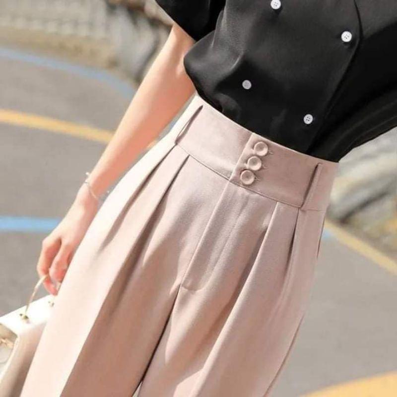 Quần tây nữ ba cúc công sở dáng baggy cạp khóa lưng cao