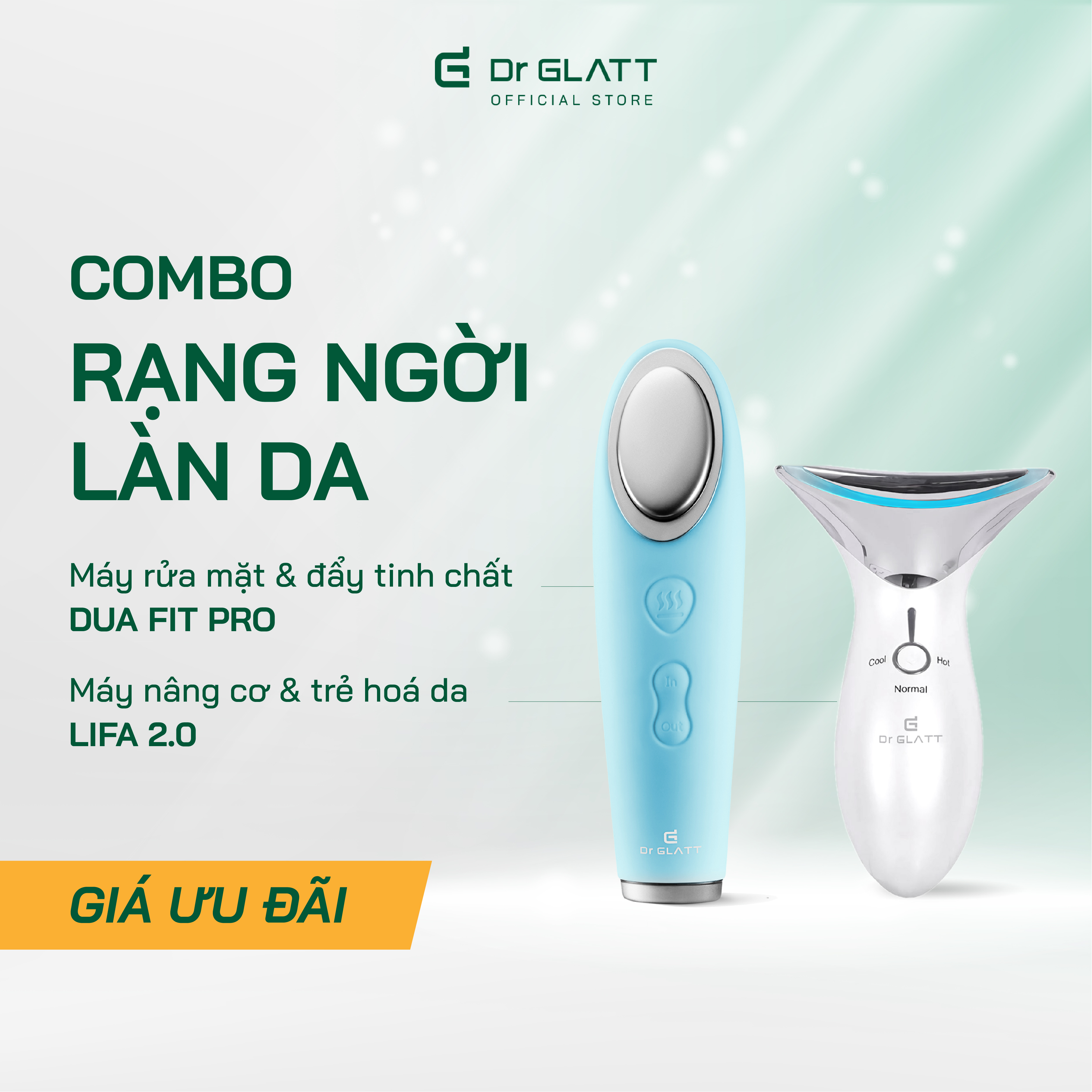 Combo Rạng ngời làn da Dr Glatt Máy rửa mặt, đẩy tinh chất Dua Fit Pro và Máy nâng cơ, trẻ hóa da Lifa 2.0