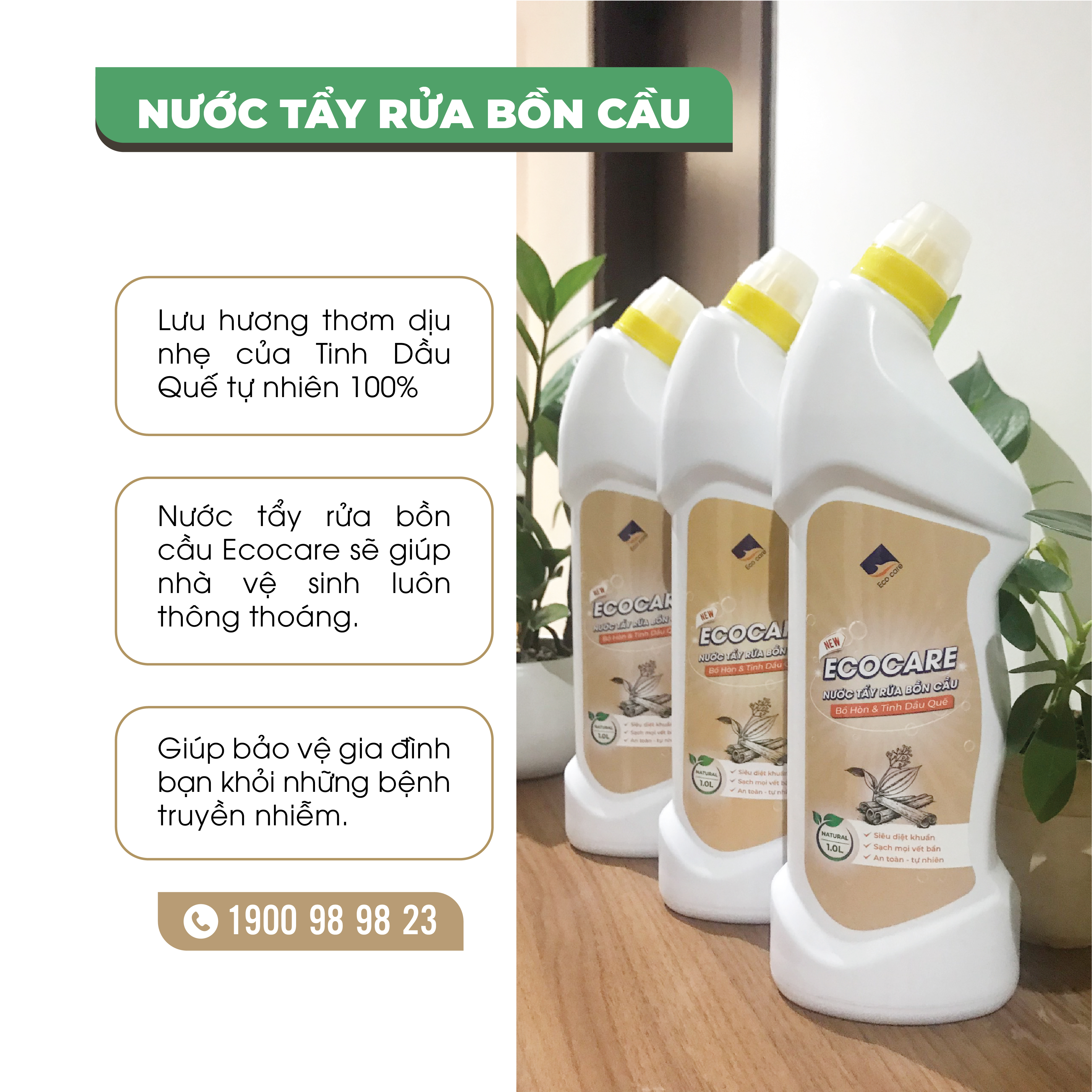 Nước tẩy rửa bồn cầu Hữu cơ diệt khuẩn Ecocare  với tinh chất Quế 1000 ml