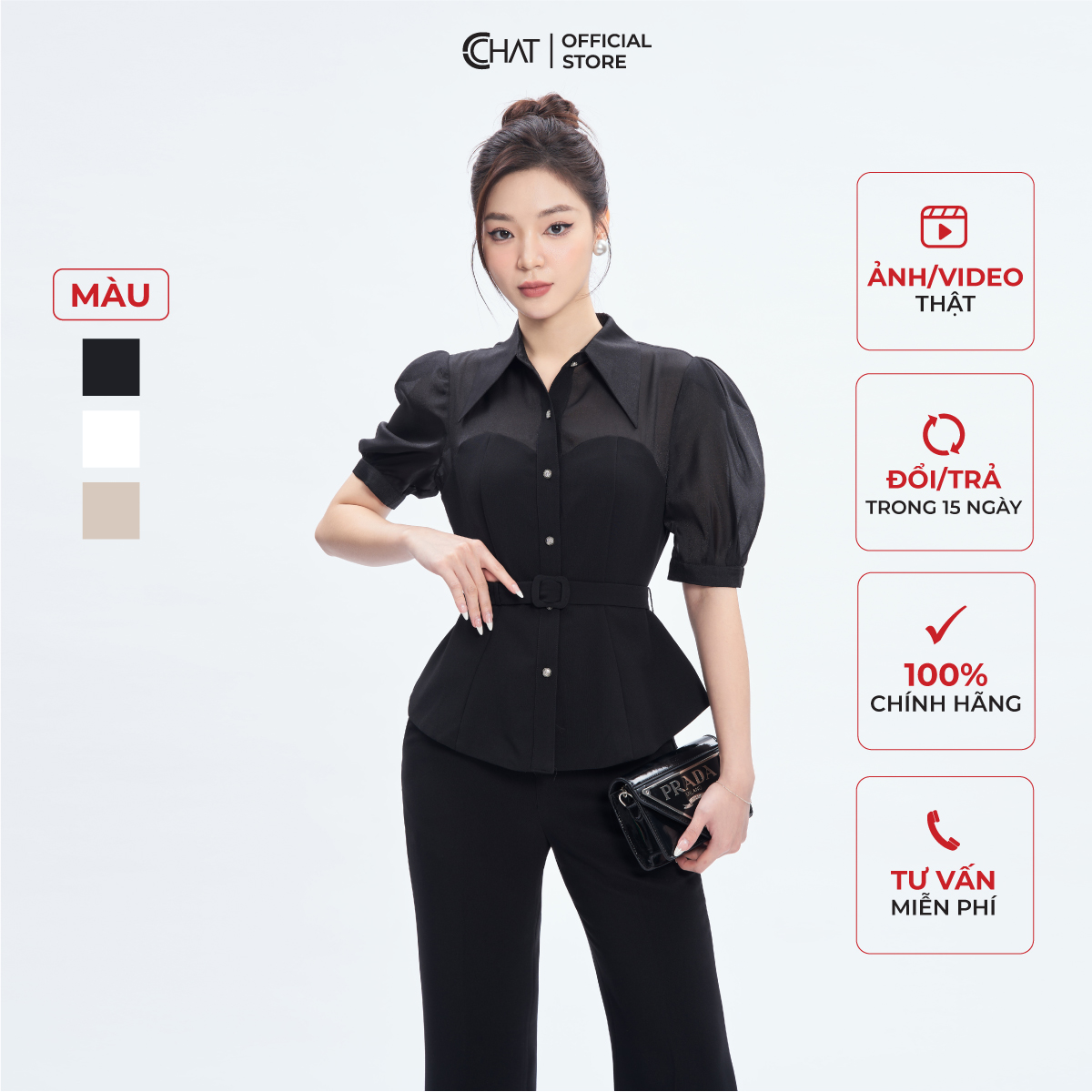 Áo Sơ Mi Nữ  Kiểu Cutout Phối Vải Chất Tuytsi Cao Cấp Mềm Nhẹ 53FNS8001PT
