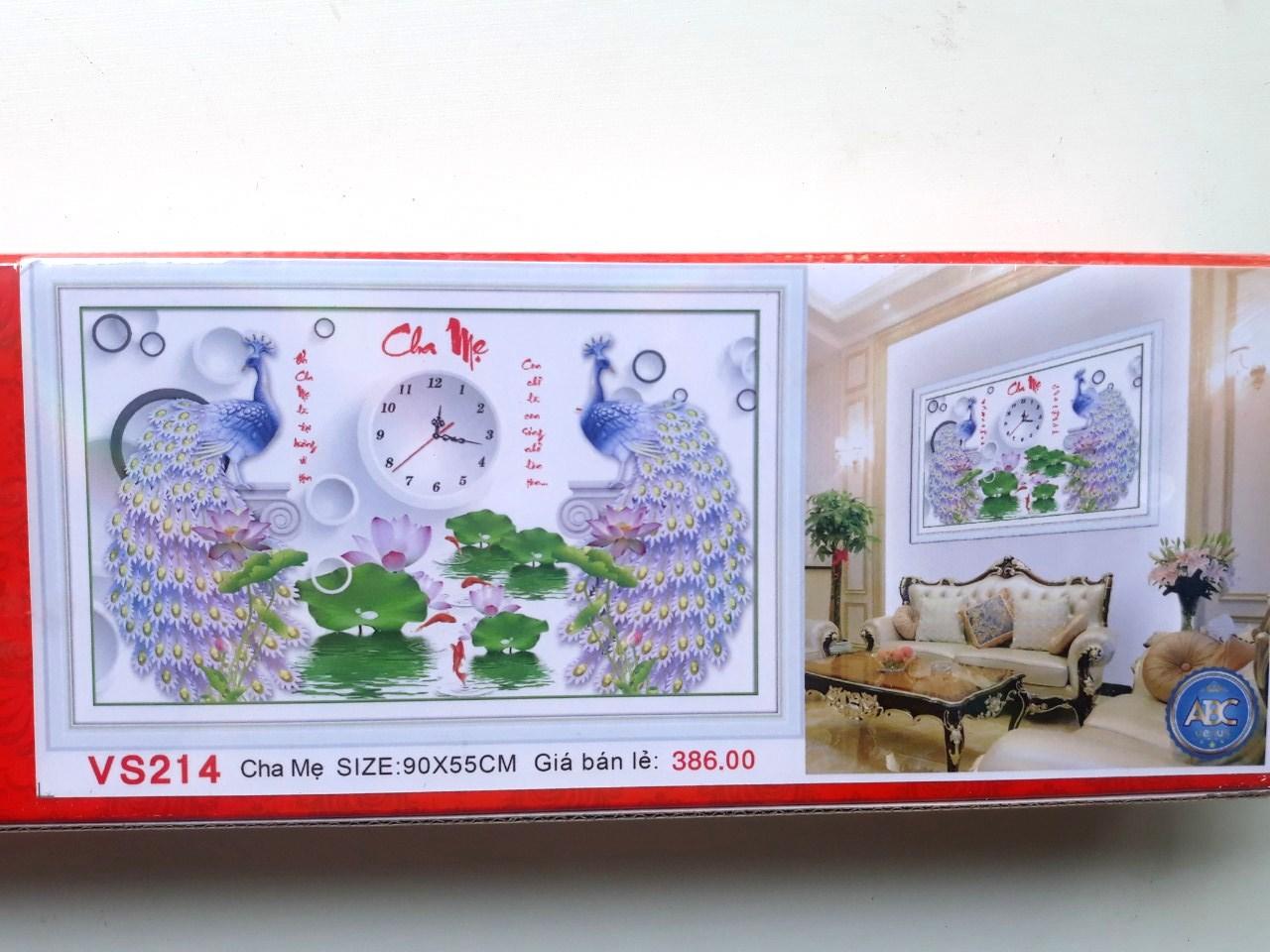 Tranh đính đá đồng hồ chim công hoa sen VS214 - 90 x 55 cm - chưa đính
