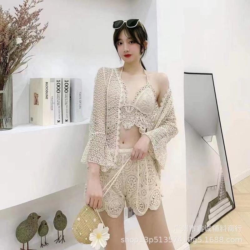 58-Set bikini đi biển len móc 3 món đồ bơi mùa hè 2023