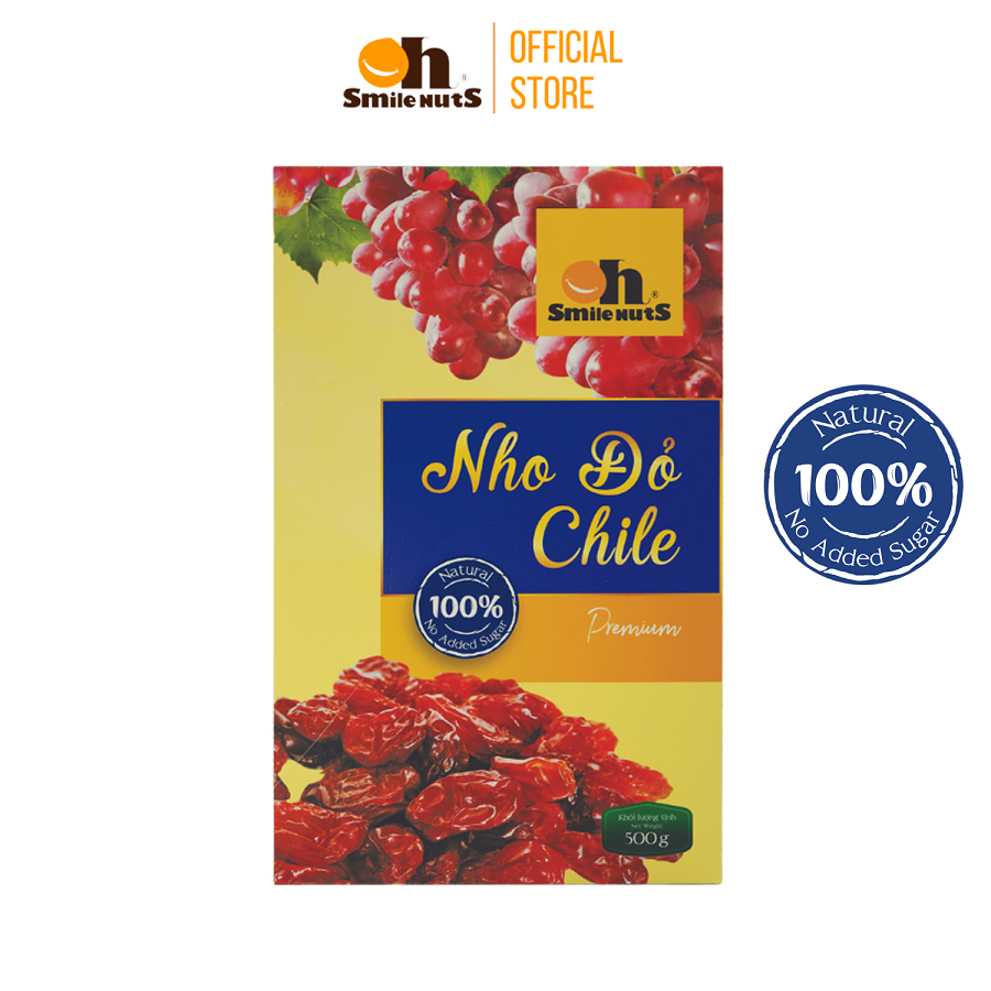 Nho Khô Đỏ SmileNuts Hộp Giấy 500g _ Nhập khẩu trực tiếp từ Chile _ Nho đỏ size Jumbo, quả to, thịt dày, vị ngọt tự nhiên, nho khô hoàn toàn tự nhiên không tẩm đường, không chất bảo quản