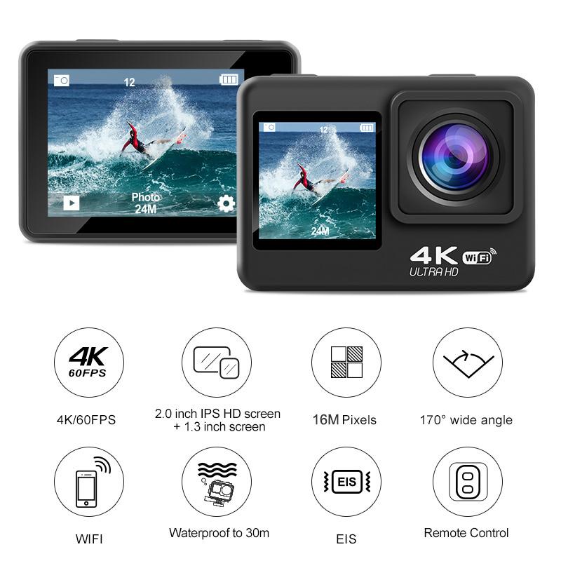 Camera hành động 4K WiFi Màn hình kép 170 ° Góc rộng 30m Máy ảnh thể thao chống thấm nước với bộ phụ kiện gắn điều khiển từ xa