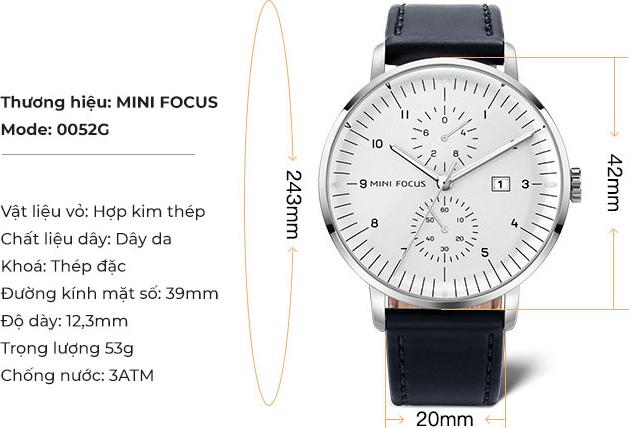 Đồng hồ nam MINI FOCUS 0052G phong cách trẻ, chống nước, có dạ quang  | Kèm hộp da cao cấp