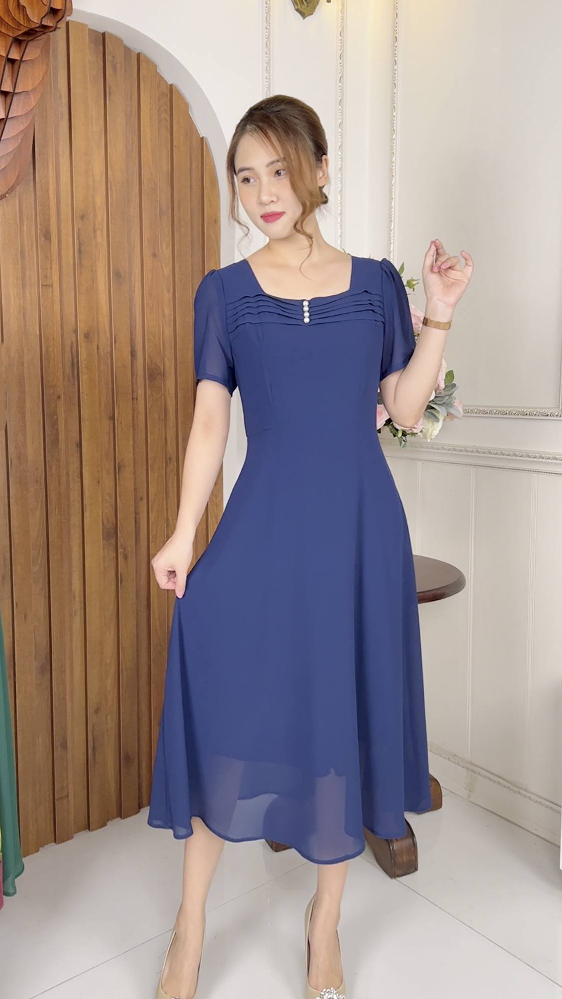 Đầm Quý Bà Sang Trọng [ Linh Trà ] (TM 460) Cao Cấp Vải Voan Chiffon Thoải Mái Quý Phái Dễ Mặc Cho Tuổi Trung Niên