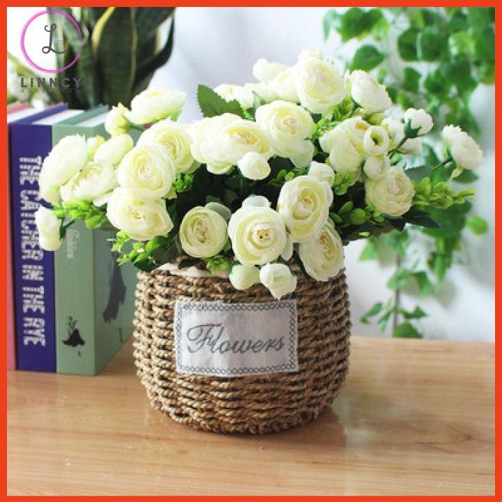Giỏ hoa lụa cao cấp phong cách vintage trang trí nhà cửa, cửa hàng, văn phòng, lớp học