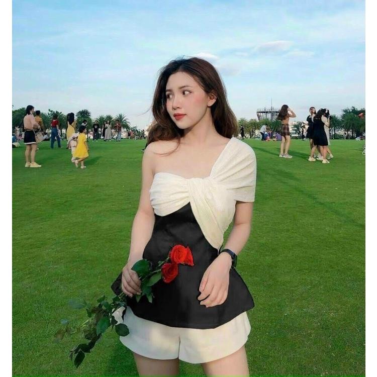 Sét áo lệch vai xoắn kiểu phối màu xinh lung linh