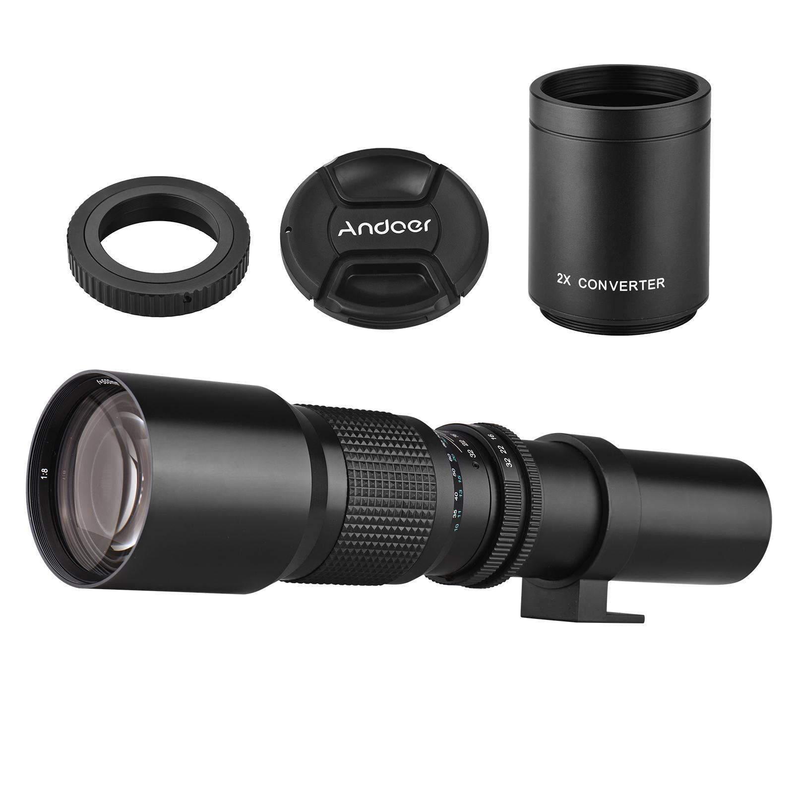 Andoer 500mm/ 1000mm f/8 Manual Focus Camera Telephoto Lens with 2X Converter Lens Cover Lens Protector Carry Bag