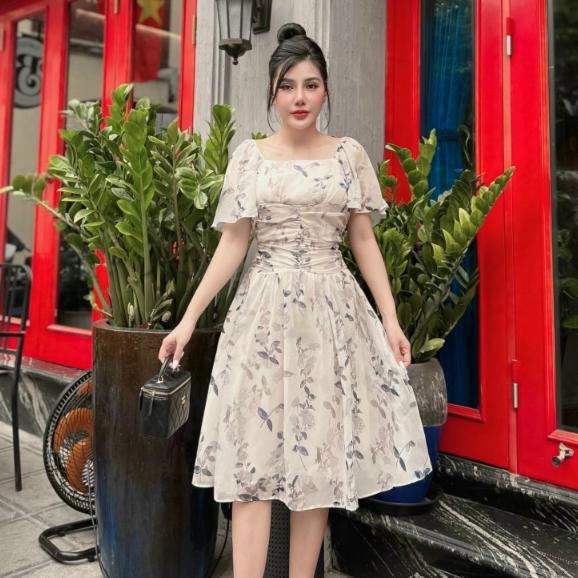 Đầm váy nữ hoa cổ vuông tay bồng dự tiệc màu trắng nhẹ nhàng