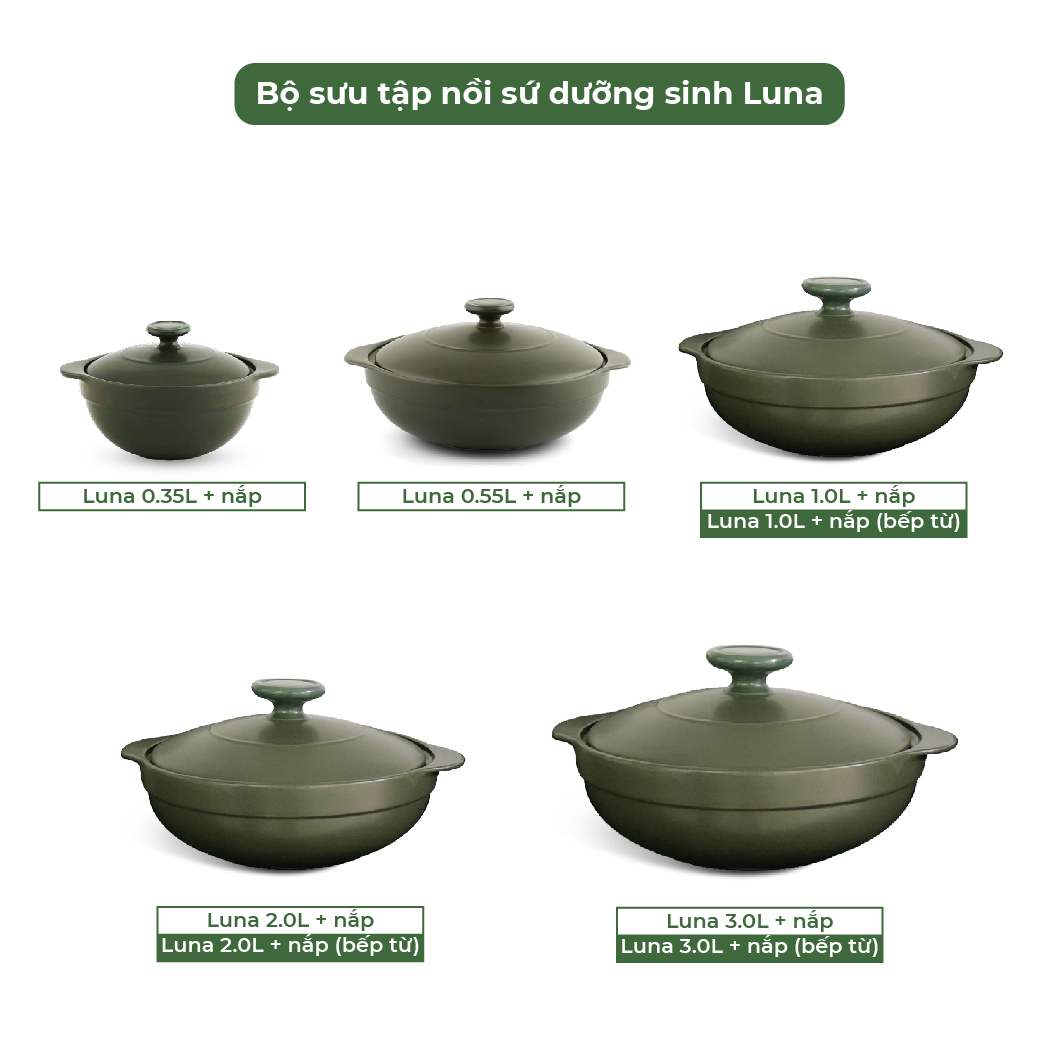 Nồi Sứ dưỡng sinh Minh Long Luna 0.55 -  Có nắp - Dùng bếp gas, bếp hồng ngoại - Thích hợp kho cá, hầm cháo, luộc rau củ - tốt cho sức khỏe