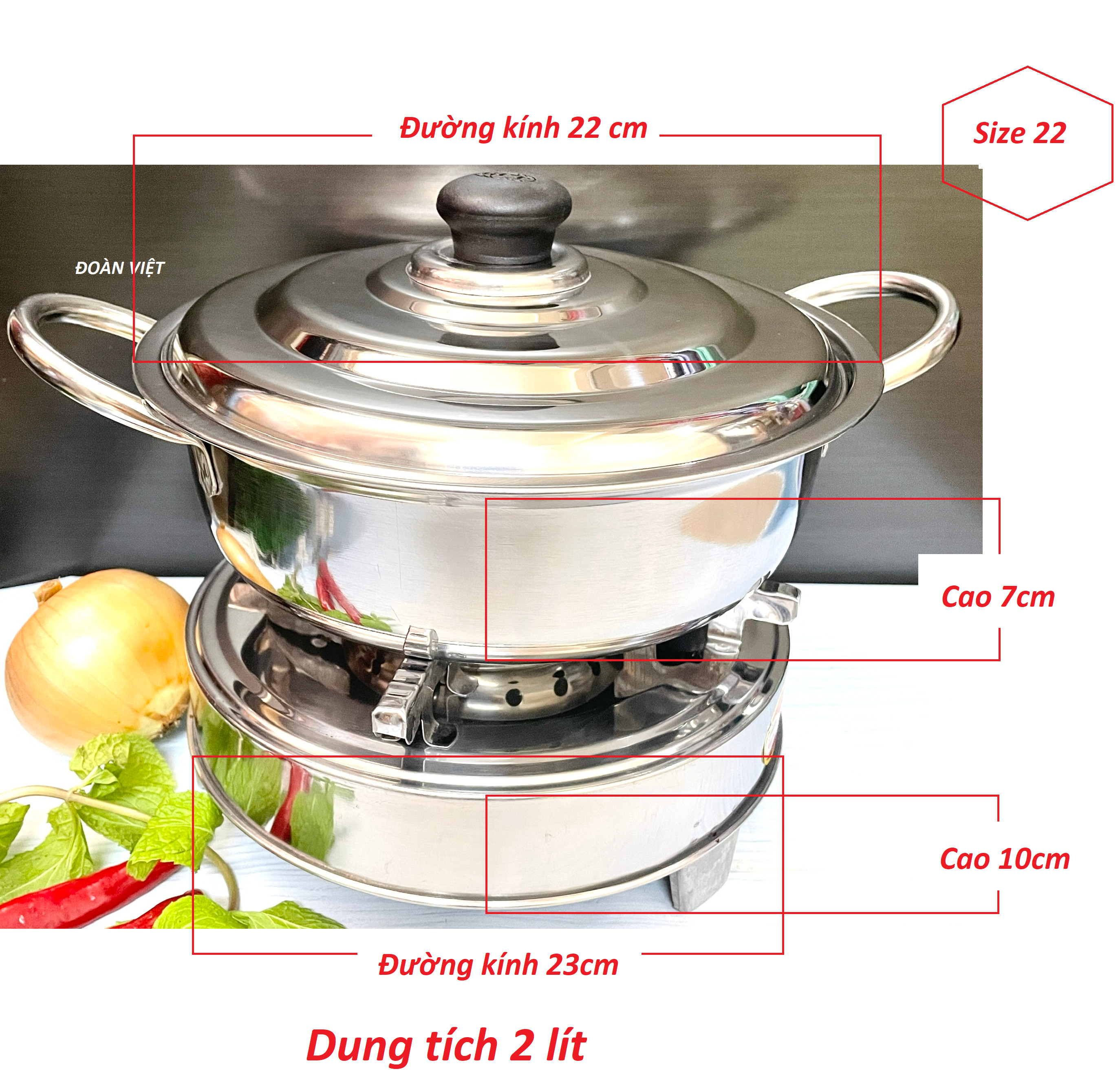 COMBO Bộ NỒI LẨU + BẾP CỒN Size22 - Bộ Nồi Lẩu Bếp INOX sử dụng cồn. Dụng cụ bộ NỒI LẨU BẾP CỒN dùng chuyên nghiệp cho QUÁN ĂN NHÀ HÀNG