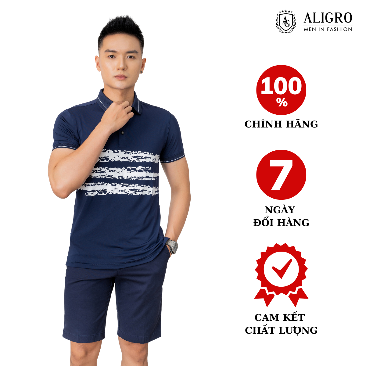 Áo Polo xanh navy phối kẻ ngang Aligro ALGPLO72