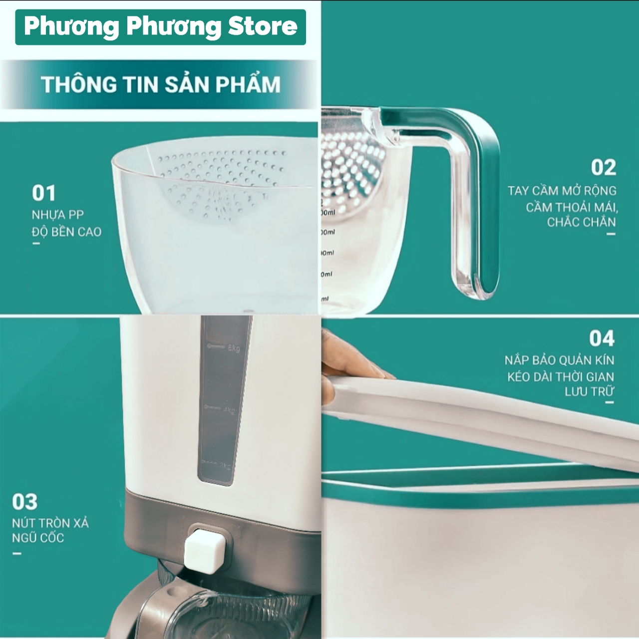 Thùng đựng gạo thông minh Xuất Nhật Care 6838 - thùng đựng ngũ cốc, chống côn trùng, ẩm mốc ( tặng vỉ dán tường to )