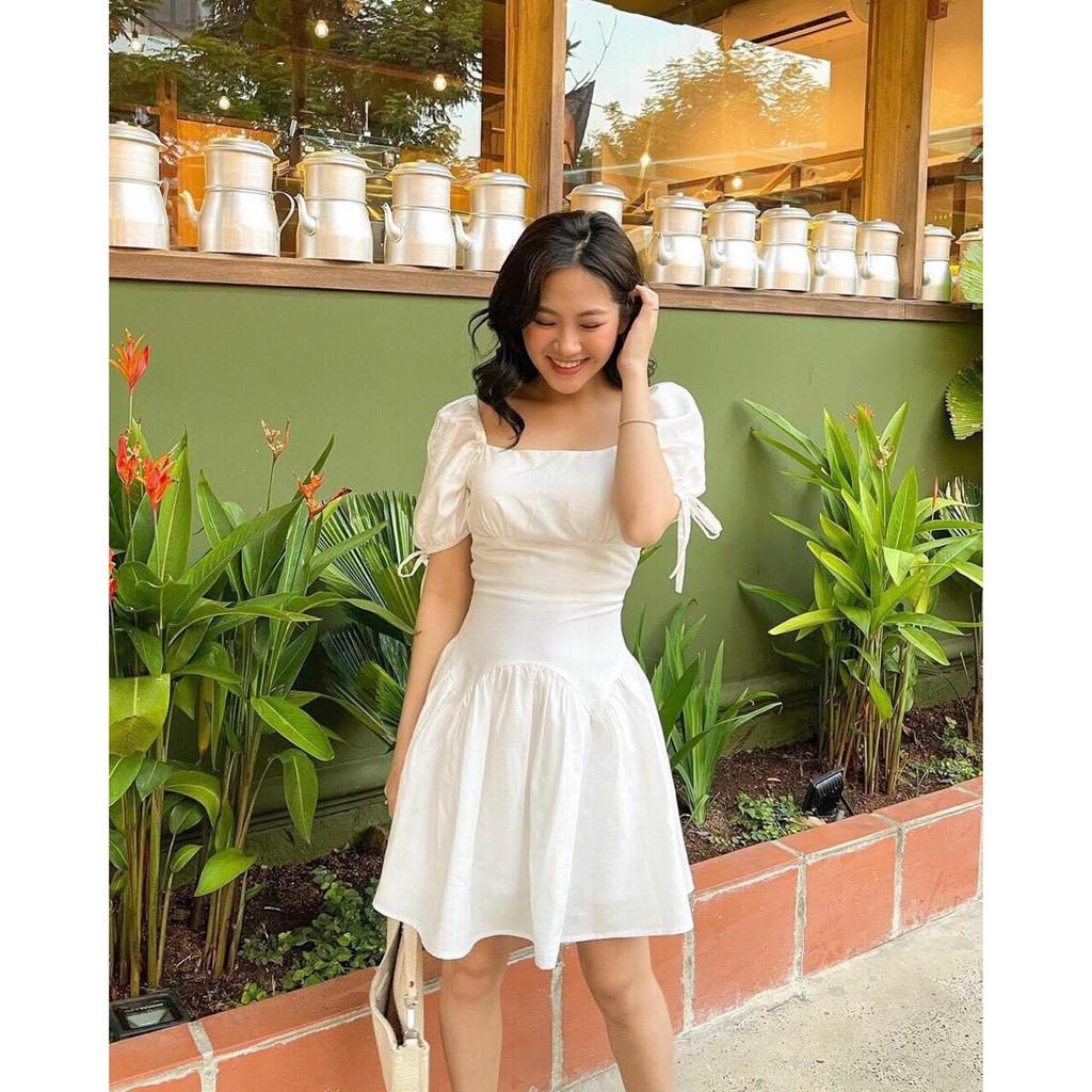 ĐẦM DỰ TIỆC COTTON LỤA TRẮNG CỔ VUÔNG ÔM EO DÁNG XÒE TAY LỠ CỘT NƠ
