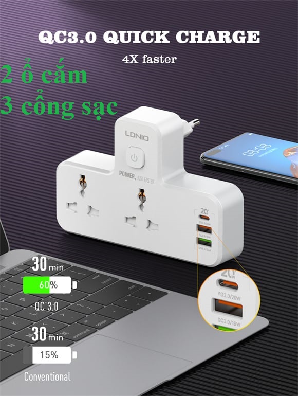 Hình ảnh Ổ cắm đa năng 2500W hỗ trợ sạc nhanh QC18W PD20W LDNIO SC2311 _ Hàng chính hãng