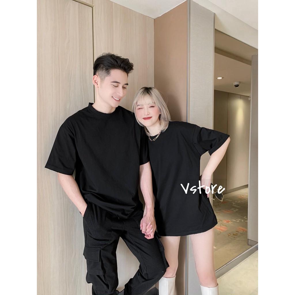 Áo Thun Cặp Trơn Đen Tay Lỡ Nam Nữ