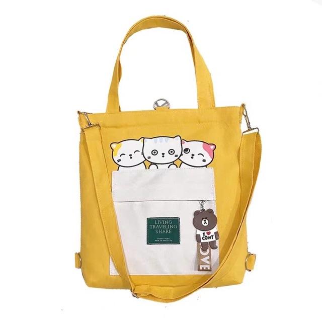 Túi ToTe đeo chéo đeo vai thời trang kiểu mới hình ba con mèo kute of KITI SHOP có khóa kéo vừa A4