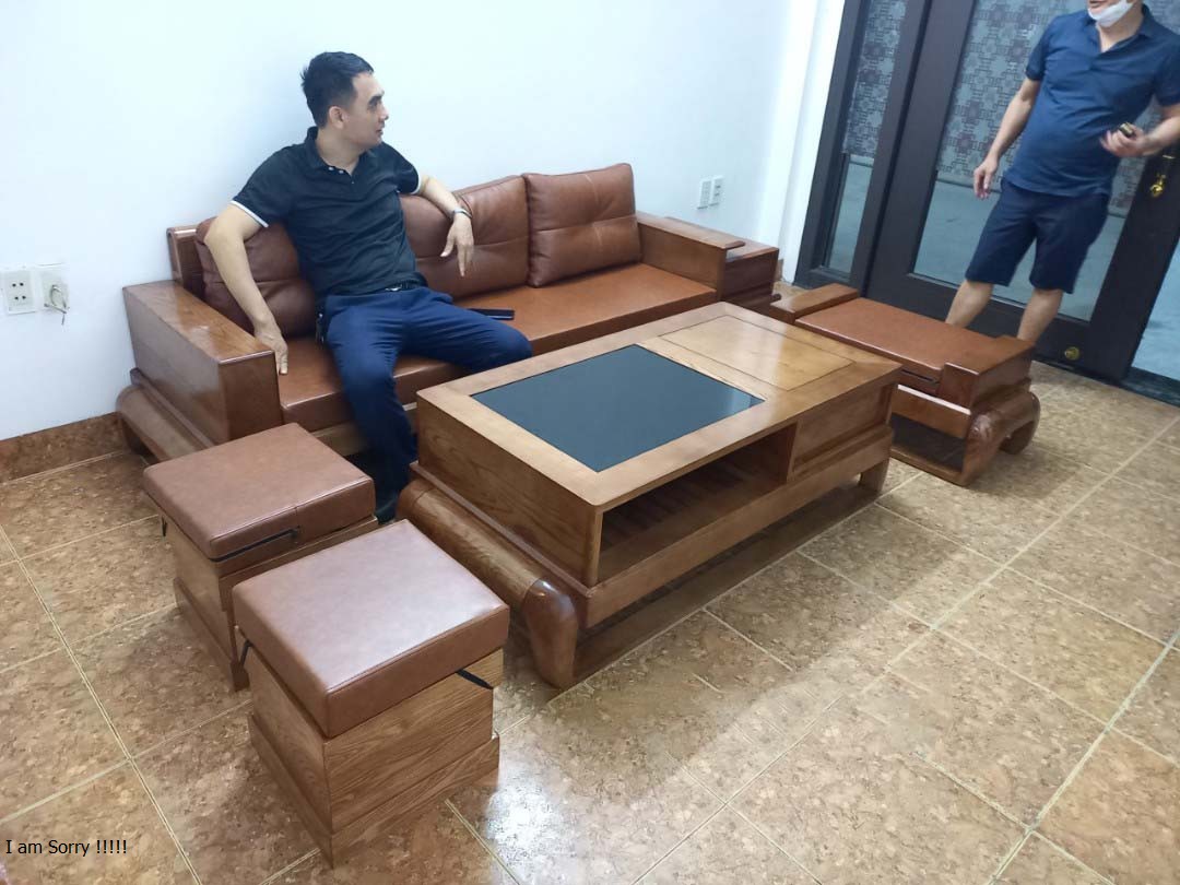 Bộ bàn ghế phòng khách, sofa 5 món gỗ sồi chân đùi gà kết hợp 2 đôn- Đồ Gỗ Mạnh Hùng