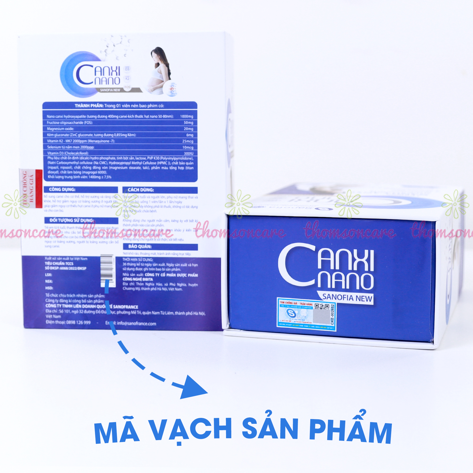 Canxi cho bà bầu, Canxi Nano Sanofia New - giúp giảm nguy cơ thiếu hụt canxi, tốt cho xương và răng - Lọ 30 viên - Thomsoncare