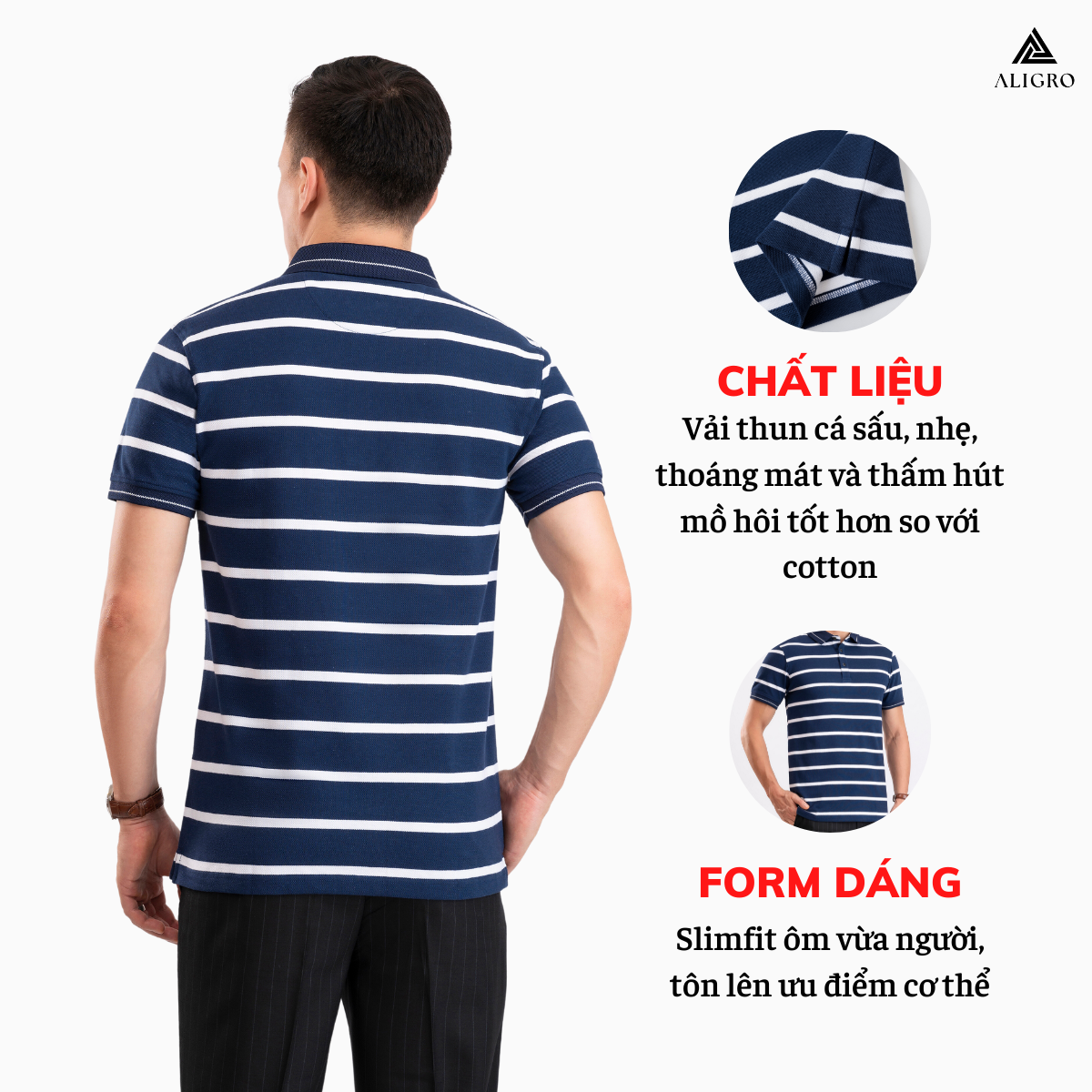 Áo Polo nam ngắn tay kẻ ngang navy-trắng ALGPLO98