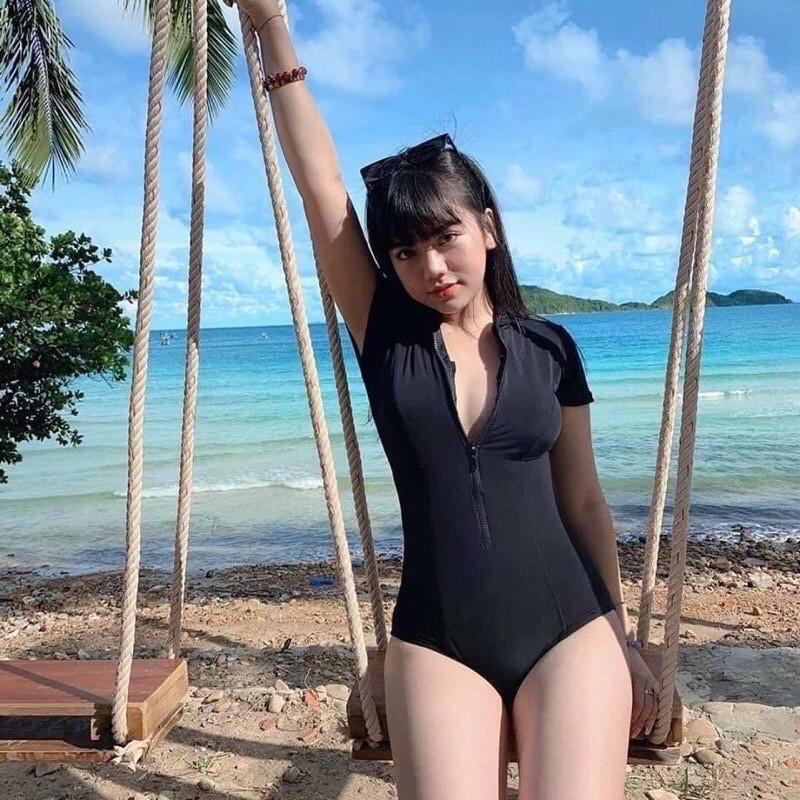 Áo tắm, bikini đi biển một mảnh có tay KHOÁ KÉO cá tính màu đen